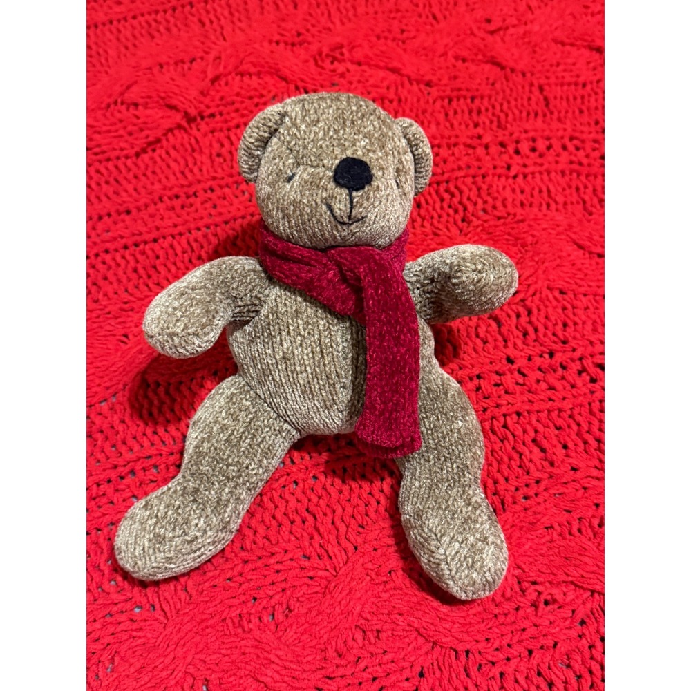 Pottery Barn Kids Knit Teddy Bear Plush Stuffed Animal Tan with Red Scarf Small